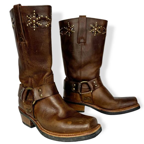 Frye Harness Boots Brown Leather Square Toe Biker Moto Boots Womens size 6 - Picture 1 of 13
